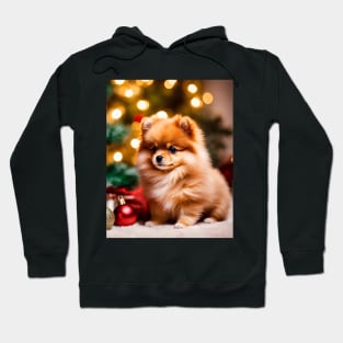 Tiny Pomeranian Puppy Dog by Christmas Tree Hoodie